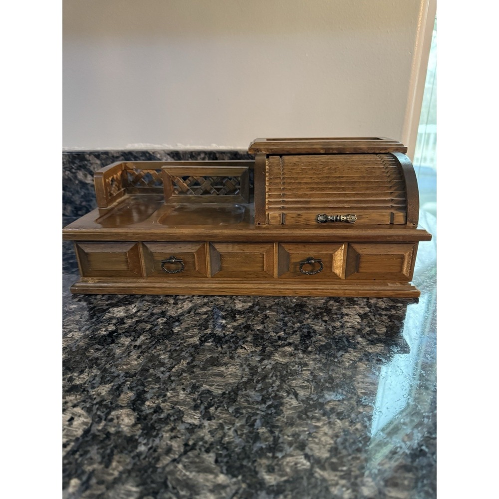 Vintage MCM Men's  Woman's Wood Jewelry Dresser Box Valet 1 Drawer 70's Desk
